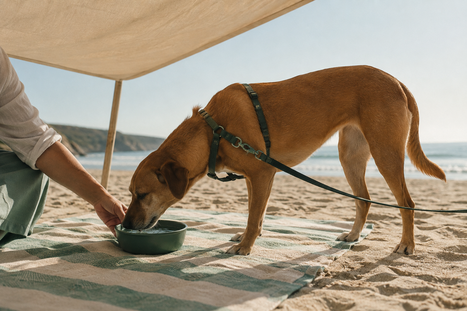 Pessoa prepara uma zona de sombra e água para o cão numa praia portuguesa ao início da manhã.